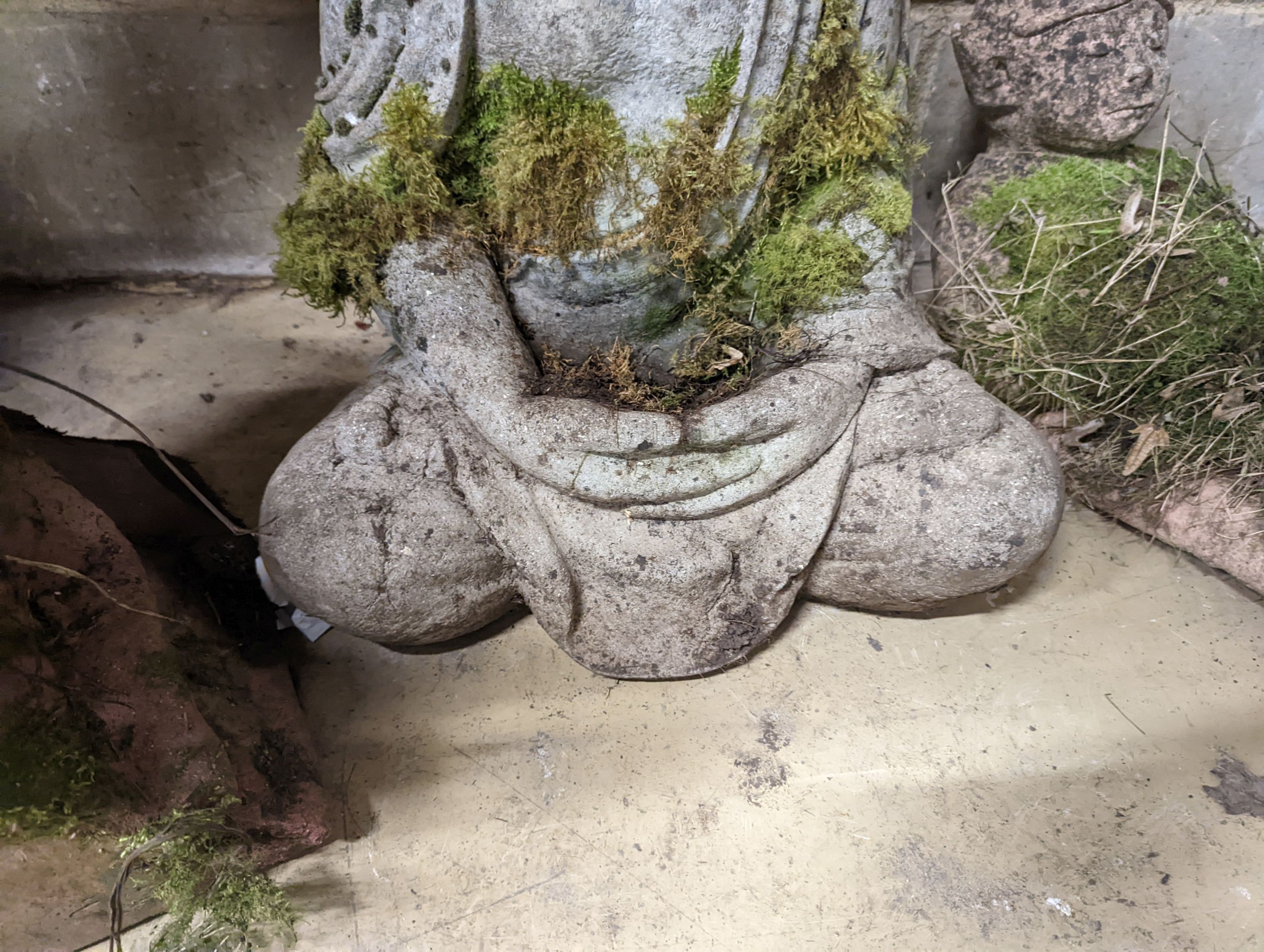 A reconstituted stone seated Buddha bird bath, height 64cm